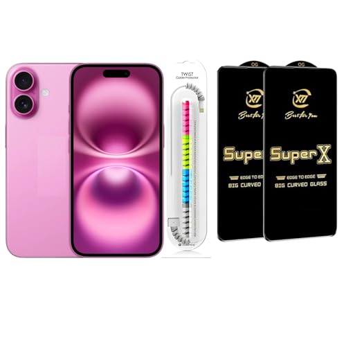 Image of Edge To Edge Tempered Glass Screen Protector Compatible With iPhone 16 Plus, 9H Hardness, Anti-Fingerprint, FHD Clear With Cable Protector Pack 2