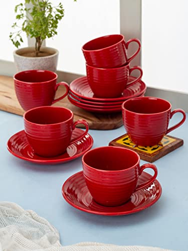 Image of Clay Craft Fine Ceramic Cup & Saucer Set of 12 (6 Cups+6 Saucers) - 180 ml Each (Red Ring)