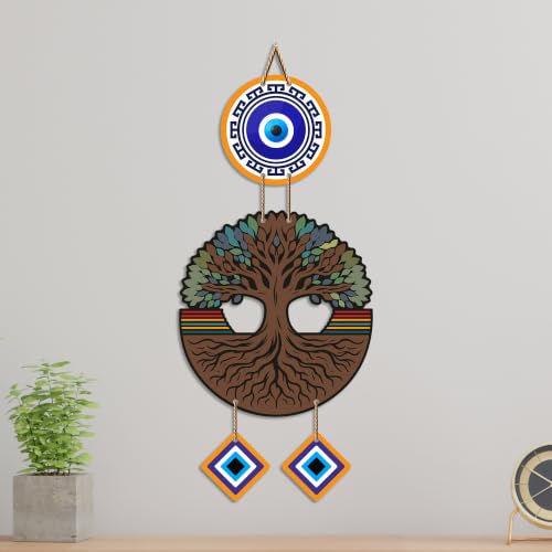 Image of Artvibes Wooden Style Tree of Life Evil Eye Wall Decor for Main Door Entrance | Nazar Suraksha Hanging for Home Office Living Room | Good Luck Decorative Gift (WH 85123N)