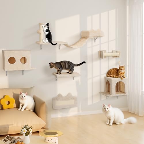BYBYME KatzenklettergerüSt, 6PCS Stabiles KatzenwandmöBel-Set Mit Katzenbett Und -Haus, Kratzbrett Und Sisal-Bezogenen Pfosten FüR Katzen Zum...
