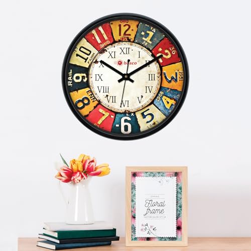 Image of Bosco Decorative Non Ticking Silent, Multicolour with Black Frame 30 CM, Modern Design Round Wall Clock for Home, Living Room, Bedroom, Office and Kitchen | BWC-1250