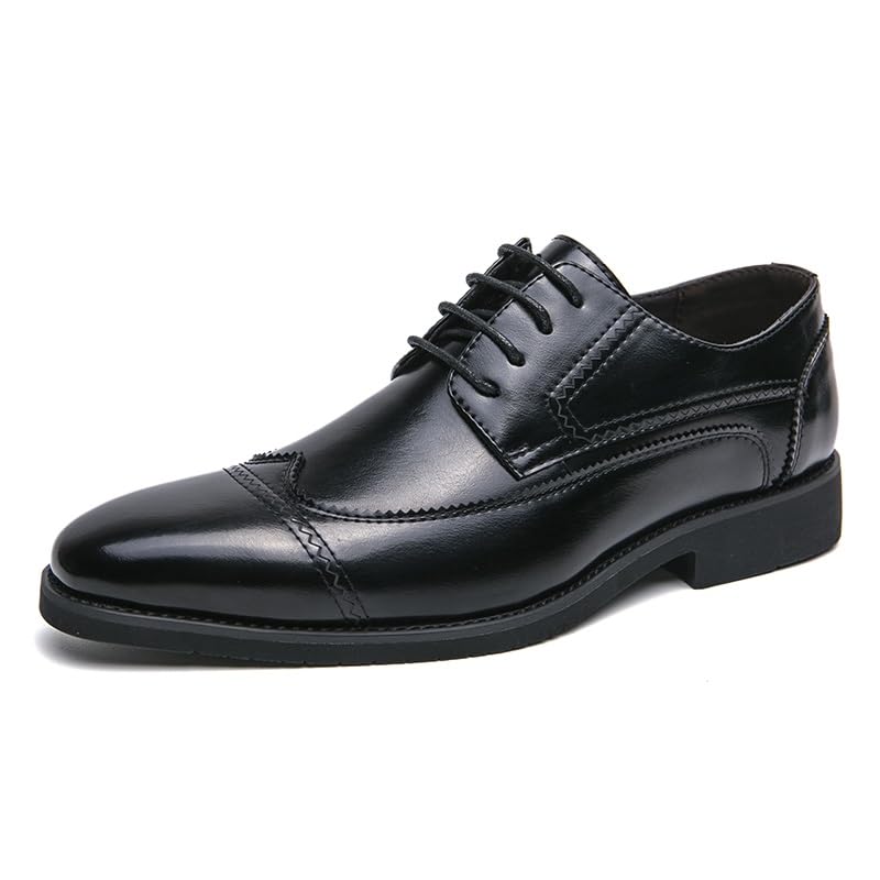 Shoes Dress Oxford for Men Lace Up Round Toe Faux Leather Cap Toe Wing tip Derby Shoes Slip Resistant Rubber Sole Anti-Slip Block Heel Party