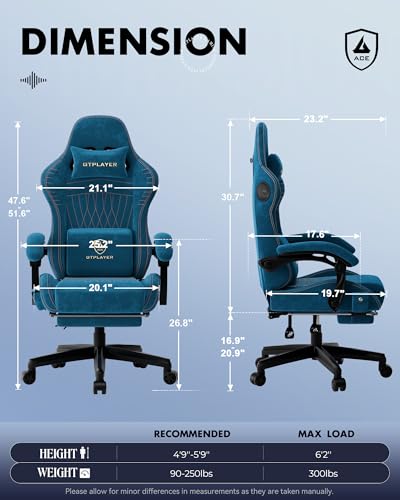 Image of GTPLAYER Ace Pro Gaming Chair, Built-in Speakers & Reclining Footrest | Ergonomic High-Back Chair with Lumbar Support, Linkage Armrest & Padded Seat for Home Office Gaming, Dark Blue (Velvet)