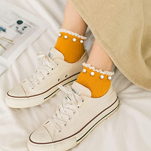 2022 Fashion Spring Lace Pearl Socks, Women Socks Cotton Cute Socks Ruffle Socks Lace Socks with Pearls Solid Color4