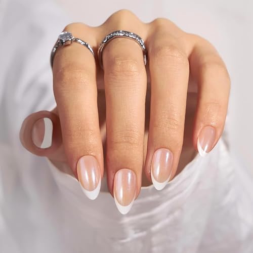 Nymora French Press On Nails - Soft Gel Press On Nails Set mit 30 Fake Nägeln in Weiß, Galvanisiert, Wiederverwendbare Klebenägel für Frauen