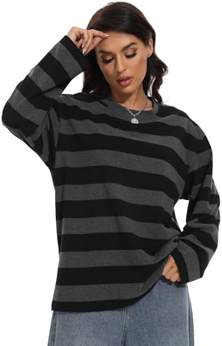 Long Sleeve Crewneck Striped T-Shirt, Grunge Clothes for Women, Teen Girls Emo Shirt Harajuku Clothes Gothic Top