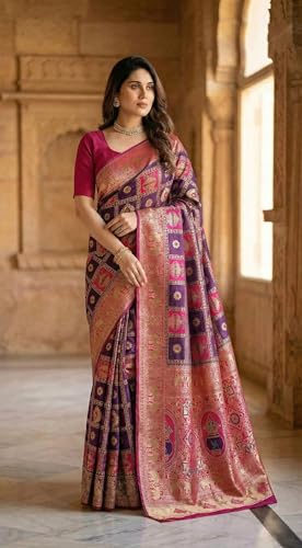 Image of C J Enterprise Women's Kanjivaram Silk Saree Woven Patola Banarasi Soft Sarees Zari With Blouse Piece (Hathi Patola)