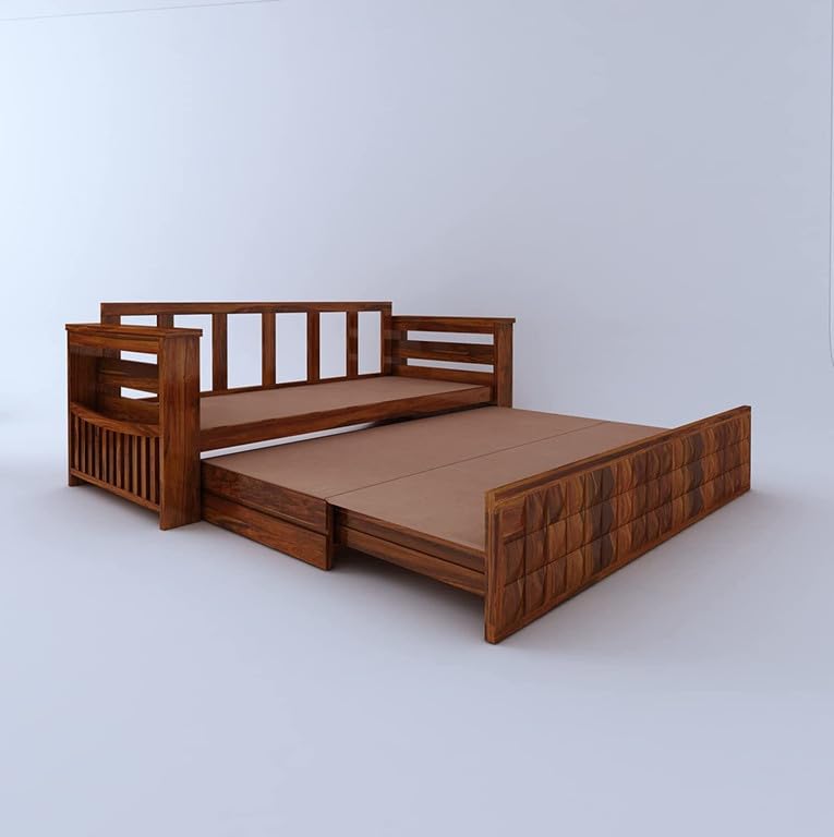 Image of Solid Sheesham Wood Sofa Cum Bed 2 Seater | Wooden Foldable Double Bed for Living Room with Headboard & Storage | Bed Cum Sofa with Mattress for Home | Diamond Design (Honey Finish)