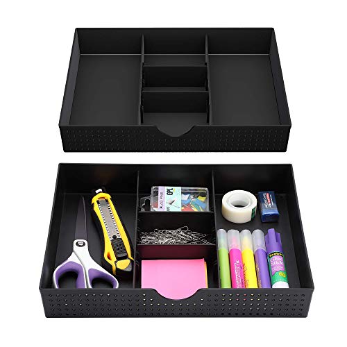 CAXXA 2 Pack 3 Slot Drawer Organizer with Two Adjustable Dividers - Junk Drawer Storage for Office Desk Supplies and Accessories, Black (2 Pack)