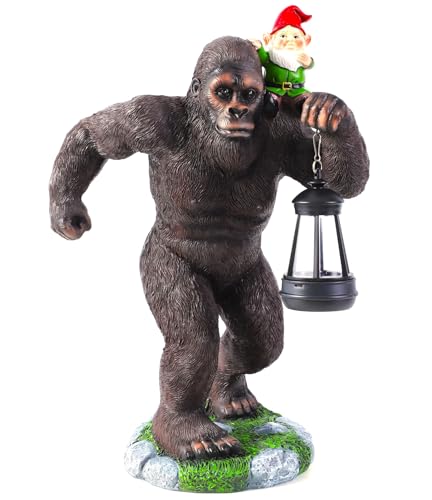 Scoomor 16 Inch Solar Bigfoot Garden Statue with Gnome & Lantern Large Resin Sasquatch Yard Outdoor Decor Funny Bigfoot Gifts for Husband Dad & Grandpa (Large)