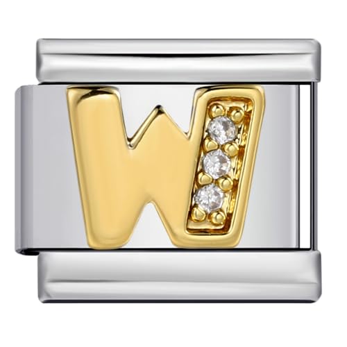 Image of Mon & Sons W Crystal 18k Letter Initial Name Tag Alphabet Personalised Birthday Silver Italian 9mm Link Stainless Steel Bracelet Charm Compatible With 9mm Link