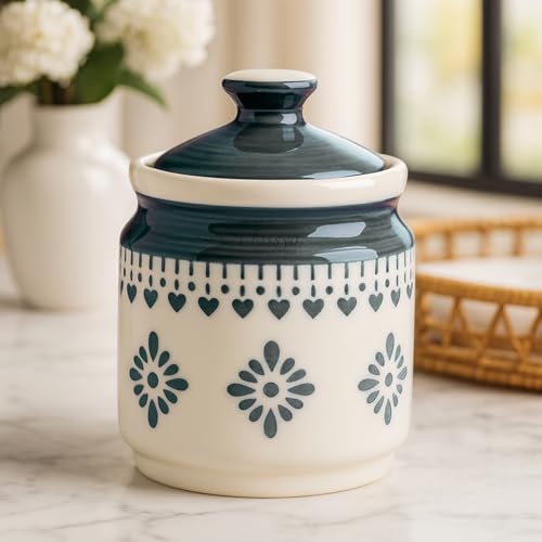 Image of Classyo Ceramic Storage Containers - 600 ml, Salt Container, Pickle Jar with lid, Ceramic Jars for Kitchen Storage for Achar and Namak (Gray Floral, Set of 1)