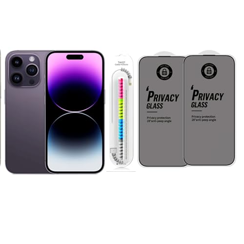 Image of Edge To Edge Privacy Tempered Glass Screen Protector Compatible With iPhone 14 Pro Max, 9H Hardness, Anti-Fingerprint, FHD Clear With Cable Protector Pack 2