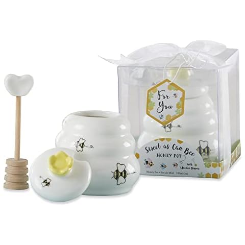 Kate Aspen Sweet as Can Bee Ceramic Mini Honey Pot with Wooden Honey Dipper (3.4 oz) Honey Jar, Bee Decor, White/Yellow (23261WT) Cover