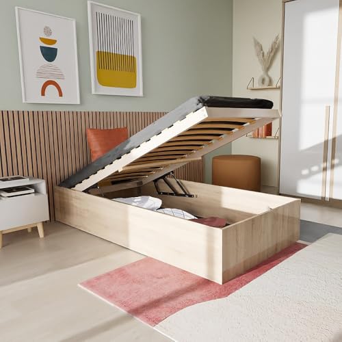 WEBER INDUSTRIES Lit Coffre Bilbao 90x200 cm + sommier/Décor chêne Blanchi