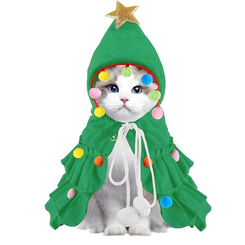 Cat Christmas Outfit Green Pet Cloak with Hat with Star and Pompoms Puppy Cape Clothes Xmas Tree Elf Costumes Party Pet Supplies Accessories for Small Dogs Cats Pet Santa Presents