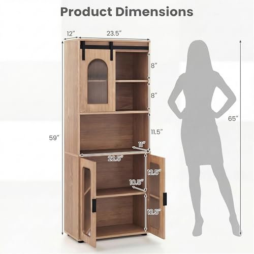Image of Tangkula 59 inch Tall Bathroom Floor Cabinet, Freestanding Storage Cabinet with Sliding Barn Door & Open Shelves, Farmhouse Bathroom Storage for Kitchen, Living Room, Dining Room (Natural, 59 inch H)