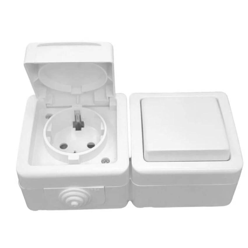 Conmutador 10A 250V y Base Schuko 16A 250V de superficie exterior IP54, ideal para instalaciones eléctricas en exteriores.