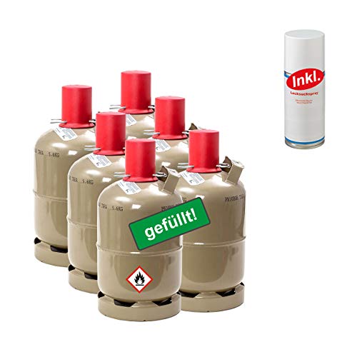 6 x Propan-Gas-Flasche 5kg gefüllt, voll, inkl. Lecksuchspray für Camping, Gasgrill, Gaskocher