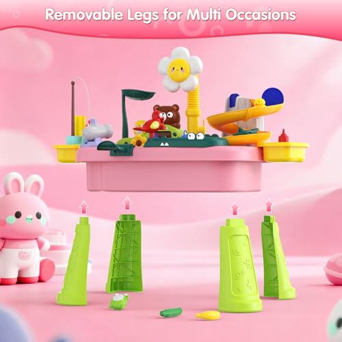 Water Table for Toddlers 1-3, Outdoor Toys for Kids Ages 4-8 with Pump, Kitchen Play Sink with Running Water, Fishing Toys Playset, Summer Outside Sand Water Sensory Activity Pool Toys Gifts, Pink - image 4