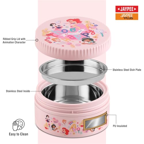 Image of JAYPEE First Step Inner Stainless Steel Insulated Lunch Box Meal and Sip Combo for School Kids Water Bottle Sipper & Disney Princess School Kids Tiffin Box 375 & 270 ml Water Bottle, Pink