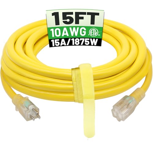 POWGRN 15 Ft 10AWG Outdoor Extension Cord Waterproof Heavy Duty 10 Gauge 3 Prong, Flexible Cold-Resistant Power Cord Indoor & Outside with Lighted Indicator End, 15Amp 1875W SJTW Yellow ETL Listed