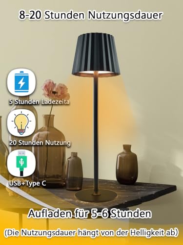 Led Tischleuchte Kabellos mit 3 Lichtfarben, 2 Stück Outdoor Tischlampe Kabellos IP54 Wasserdicht, Led Tischlampe Akku USB Aufladbar Einstellbare Helligkeit für Wohnzimmer, Camping, Bar – Bild 6