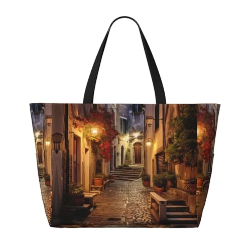 Italian Old Street Large Beach Tote Bag Women Beach Tote Bag For Pool Gym Grocery Travel With Multiple Pocket2