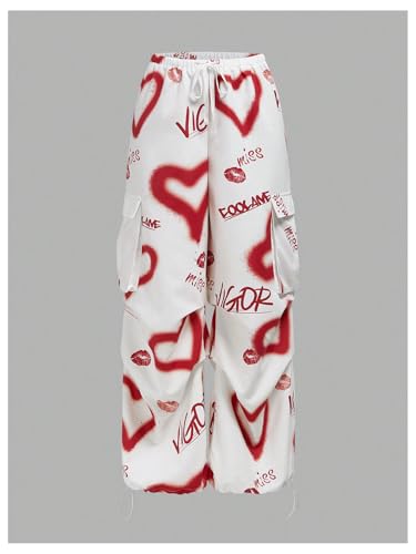 MakeMeChic Women's Heart Print Baggy Cargo Pants Flap Pocket Elastic Waist Wide Leg Trousers4