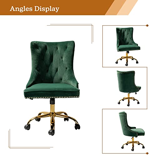 Tina's Home Velvet Armless Office Chair With Gold Base & Nailhead Trim, Modern Tufted Upholstered Desk Chair Swivel Adjustable, Cute Wingback Computer Task Vanity Chair For Women, Green #TOP1