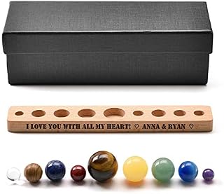 Jovivi Personalized Custom Solar System 9 Planets Crystal Sphere Ball Collective Figurines Handmade Natural Gemstone on Wooden Stand Display Home Desk Decorations