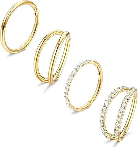 Dochais 4PCS 18G Nose Rings Hoops, Surgical Steel Earrings Tragus Septum Piercing CZ Clicker Septum Ring Hinged Segment Septum Conch Lip Cartilage Double Hoops 8mm 10mm For Women Men (B-Gold-20G,10mm)