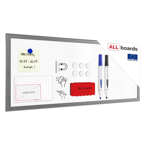 ALLboards Lavagna Magnetica Cancellabile a Secco Bianca con Cornice Argento in Legno 30x70cm