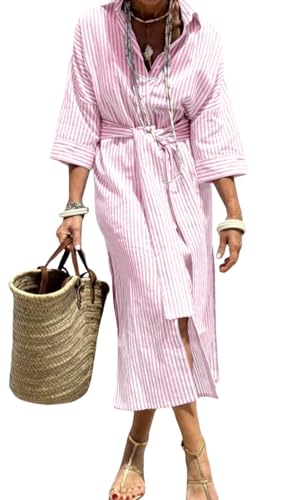Image of chouyatou Women's Summer 3 /4 Sleeve Striped Shirt Dress Belted Maxi Long Casual Button Down Beach Dress