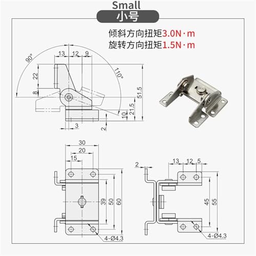 Charnière de porte d'armoire rotative inox avec butée d'arrêt réglable