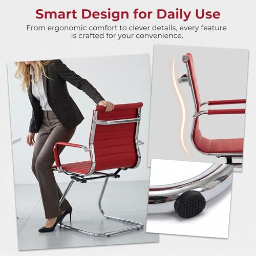 Image of HNY Leather Office Guest Chairs & Reception Chairs Set of 4, Modern Waiting Room Chairs with Arms, Desk Chair no Wheels with Sled Base for Waiting Room /Conference Room, Burgundy