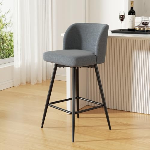 Image of Swivel Bar Stools, 26 inch Counter Height Bar Stools with High Back and Metal Legs, Fabric Bar Chairs, Modern Barstools for Kitchen Island, Light Grey
