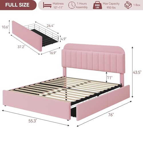 GarveeHome Pink Full Bed Frame with Storage Headboard, Girls Bed Frame with 2 Drawers, Boucle Upholstered Platform Bed with Bookcase, No Box Spring Needed, Easy Assembly, Pink