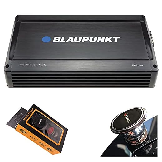 BLAUPUNKT AMP1604 1600 Watts – 4 Channel 2 Ohm Stable Full Range Amplifier Boost Bass, 4/3/2 Channels, Slim Compact Amp with Gravity Magnet Phone Holder Bundle