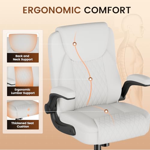 Image of GTPLAYER Leather Office Chair, Home Desk Chair with Flip-up Arms and Ergonomic Back - Comfy Heavy Duty Executive Chair for Home Office Gaming, White