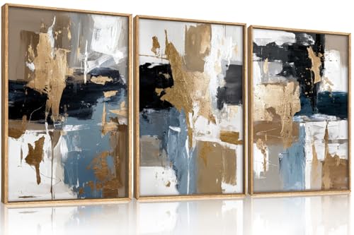 Image of KAIRNE Blue and Gold Abstract Framed Canvas Wall Art Set,Minimalist Brush Strokes Wall Decor,Modern Textured Art Prints,Neutral Brown Black Artwork for Living Room,Bedroom,Farmhouse,Office-16 x24 x3