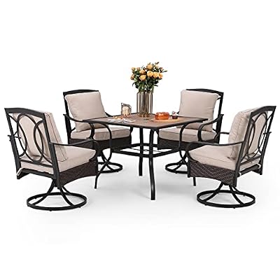 Sophia & William Patio Dining Set 5 Piece Outdoor Table Furniture Set - 4 Padded Swivel Dining Chairs and 1 Square Metal Table with Umbrella Hole & Wood-Like Top for Garden Deck Backyard