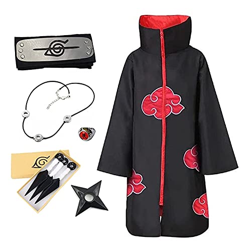 Akatsuki Cloak Set Cosplay Halloween Cloak, Itachi Cosplay Costume Robe with Headband and Ring Cosplay Halloween Cosplay Cloak (M)