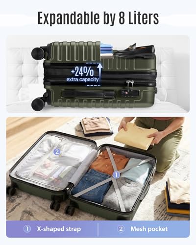 Image of LIGHT FLIGHT Expandable Carry On Luggage 22x14x9 Airline Approved with Double Spinner Wheels, 20 Inch Lightweight Hard Shell Rolling Suitcases with TSA Lock, Olive