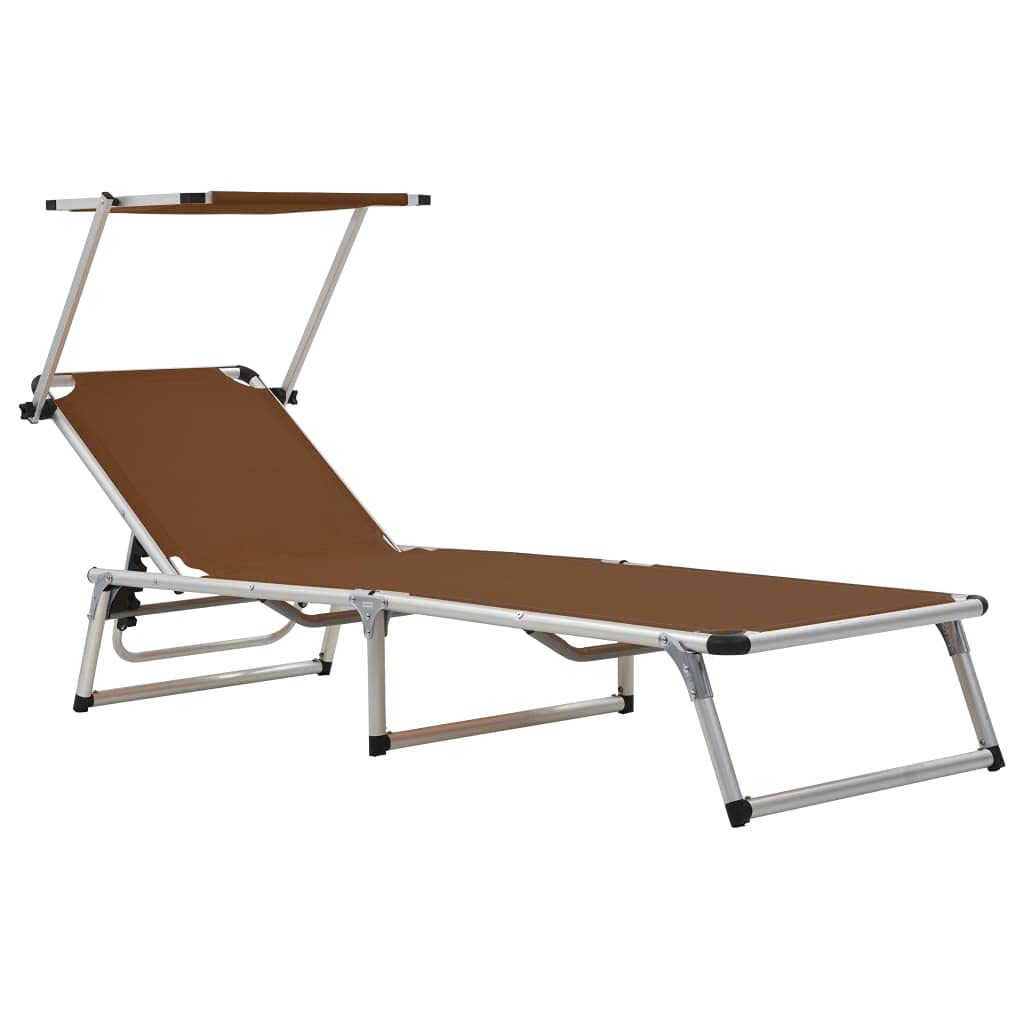 Klappbare Sonnenliegen mit Dach 2 STK., Alu Textilene Braun, verstellbare Sonnendächer und Rückenlehnen, klappbare Konstruktion, Aluminiumrahmen, extra Starkes Textilene, max. 110