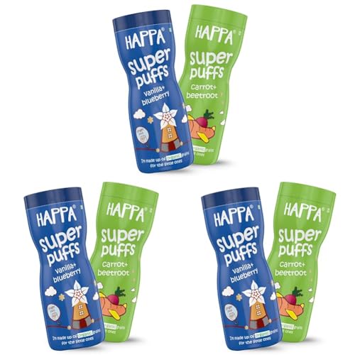Image of Happa Organic Baby Puffs | Vanilla Blueberry and Carrot Beetroot Flavour | Made with Organic Ingredients | Melt-in-the-Mouth, Supports Self-Feeding & Baby-Led Weaning | No Artificial Flavours or Colours | Stage 2 (8 Months+) | Pack of 6 (40g Each)