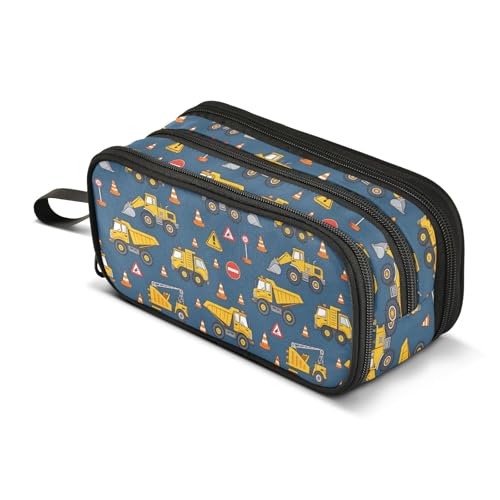 Image of Yellow Truck Tractor Pattern Pencil Case 3 Compartment Pen Bag Pouch Holder Box School Portable Stationery Storage Bag for Girls Boys