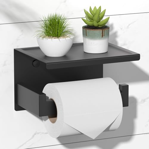 HITSLAM Toilettenpapierhalter Ohne Bohren, Selbstklebend Klopapierhalter mit Ablage, Edelstahl Klorollenhalter Wandmontage, Wc Papier Halterung Rollenhalter mit Kleber für Badzimmer Schwarz