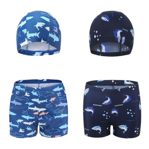 FedMois Traje de Baño de Dos Piezas Niños, Short Bañador + Gorro Natación (Pack de 2 Set), Peces y Tiburones, 7-9 años
