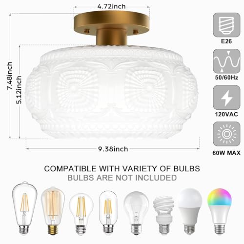 Image of Milk Glass Semi Flush Mount Ceiling Light Fixture, Vintage Gold